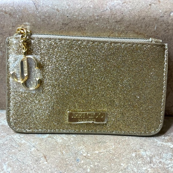 Jimmy Choo Gold Glitter Mini Wallet Coin Card ID Pouch Charm Logo - Picture 8 of 12